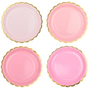 aimfun pink scalloped party plates gold foil border paper plates disposable 9inch gradient pink plates for pink bow birthday coquette bridal baby shower party supplies (24, pink)