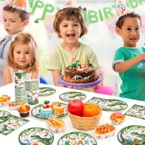 96Pcs Dinosaur Birthday Party Supplies -24 Guest Dino Plates Cups and Napkins For Boys Kids three rex Birthday decorations Baby Shower