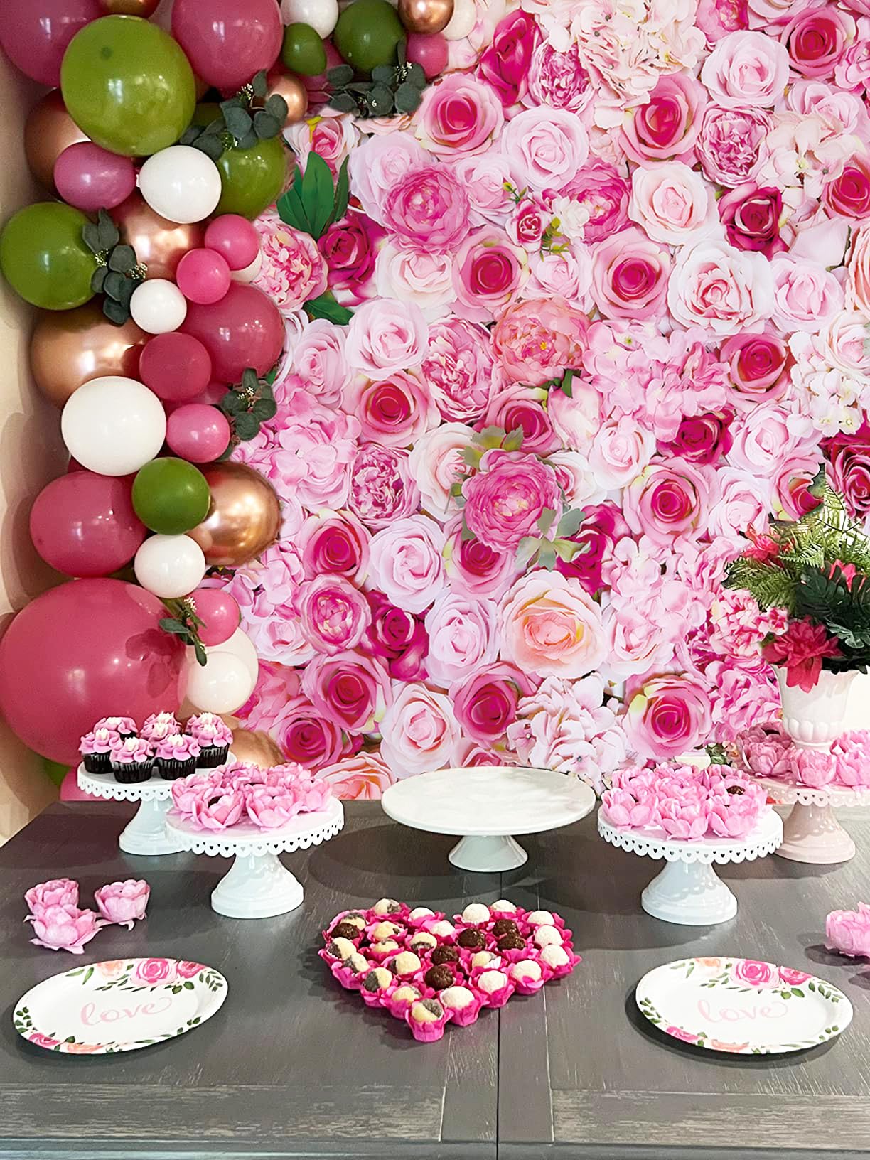 Pink Rose Floral Backdrop 7x5FT Flower Wall Photography Background for Girls Women Bridal Shower Wedding Baby Shower Birthday Party Decorations Supplies Photo Props