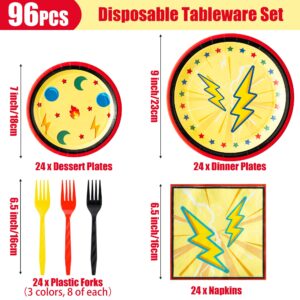 BOpusail 96Pcs Cartoon Lightning Bolts Party Tableware Set Disposable Dinnerware Paper Dinner Plates Dessert Plate Napkins Plastic Forks Party Supplies for Kids Birthday Baby Shower Serves 24 Guests