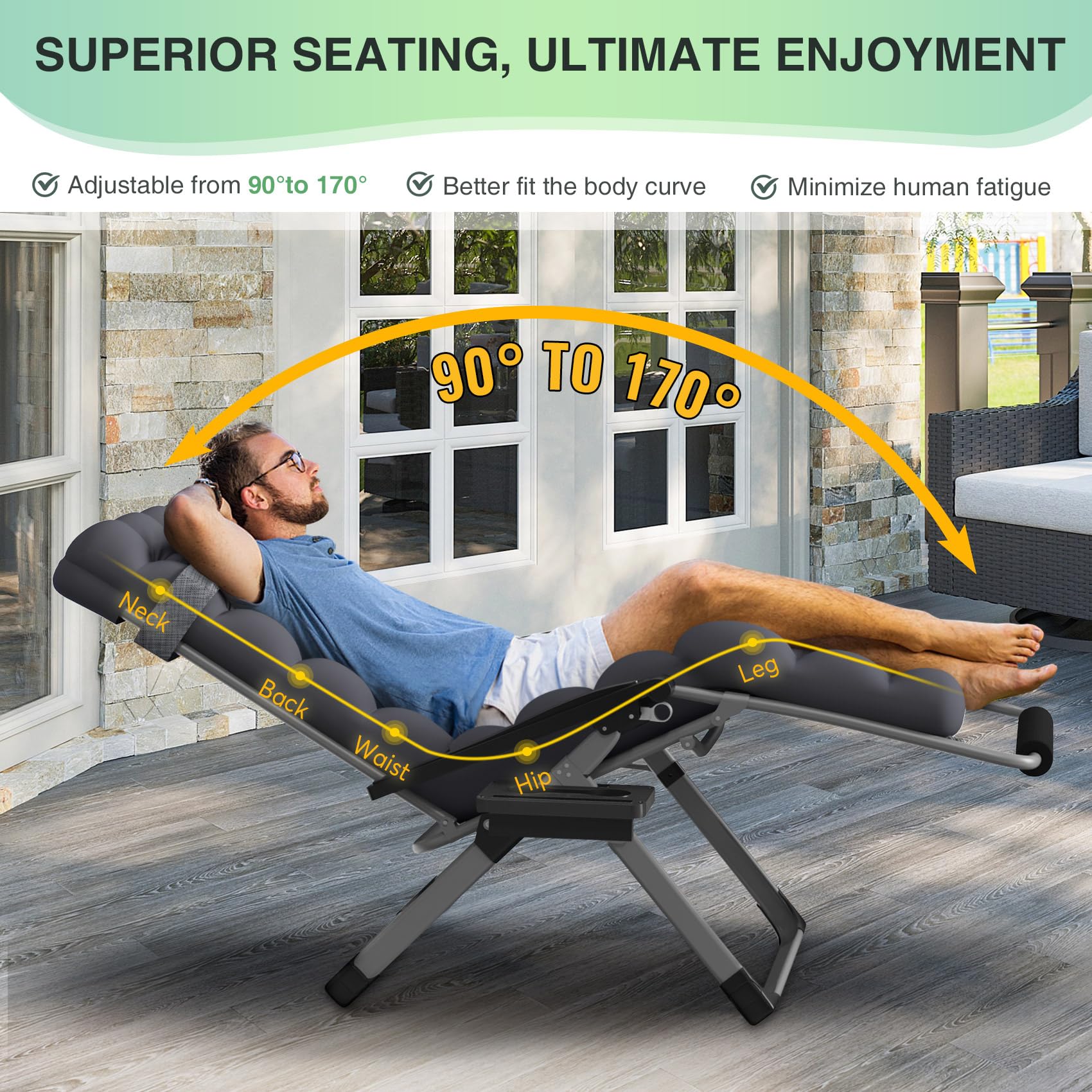 Suteck Oversized Zero Gravity Chair,33In XXL Lounge Chair w/Removable Cushion&Headrest, Reclining Camping Chair w/Upgraded Lock and Footrest, Reclining Patio Chairs Recliner for Indoor Outdoor,500LBS