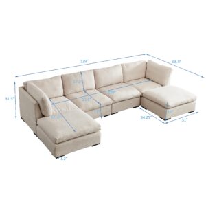 Oversized Reversible Sleeper Sectional Sofa Bed with Movable Ottomans and Detachable Cushions, DIY Combination Down Filled Cloud Couch,Minimalist 6 Seater Convertible Corner Sofá for Living Room