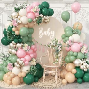 128pcs sage green and pink balloon arch kit, dusty olive green blush peach beige cream white gold latex balloon garland kit for girl jungle safari baby shower woodland birthday party decorations