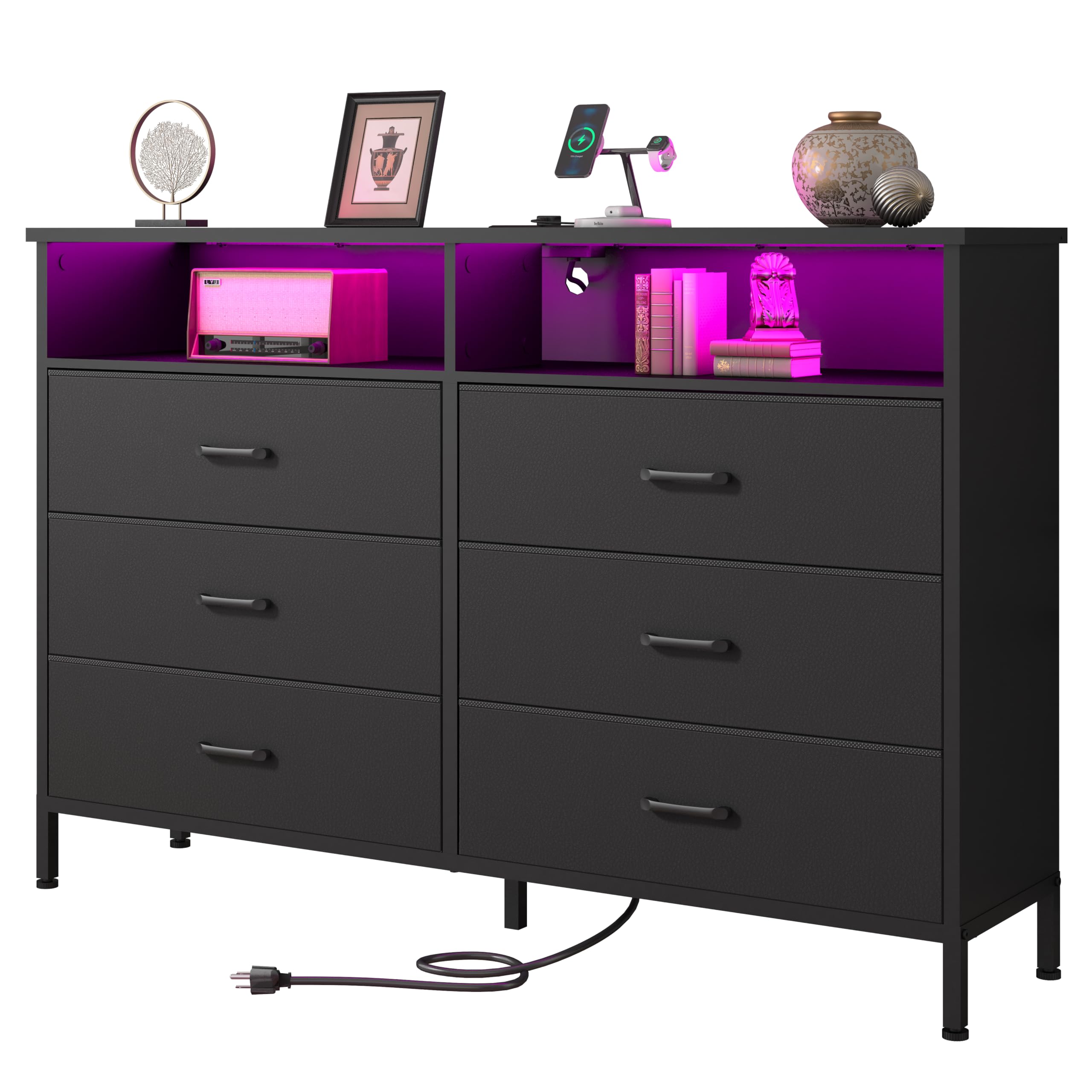 Dresser for bedroom, Fabric Black Bedroom Dresser with LED Lights and Charging Station, 6 Long Drawers Dresser, Tall Wide Chest of Drawers Storage Organizer TV Stand for up to 60" TV for Living Room