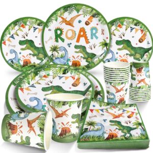 96pcs dinosaur birthday party supplies -24 guest dino plates cups and napkins for boys kids three rex birthday decorations baby shower