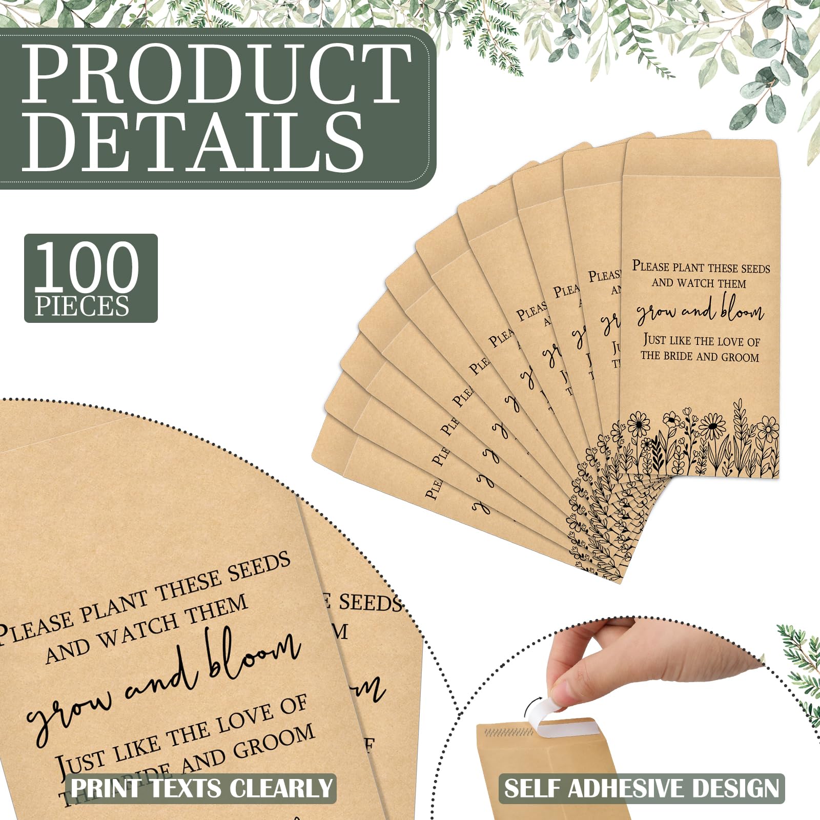 Maitys 101 Pcs Bridal Shower Favors for Guests Wedding Wooden Sign 100 Bridal Shower Seed Packet Self Adhesive Seed Packets for Wedding Party Favors