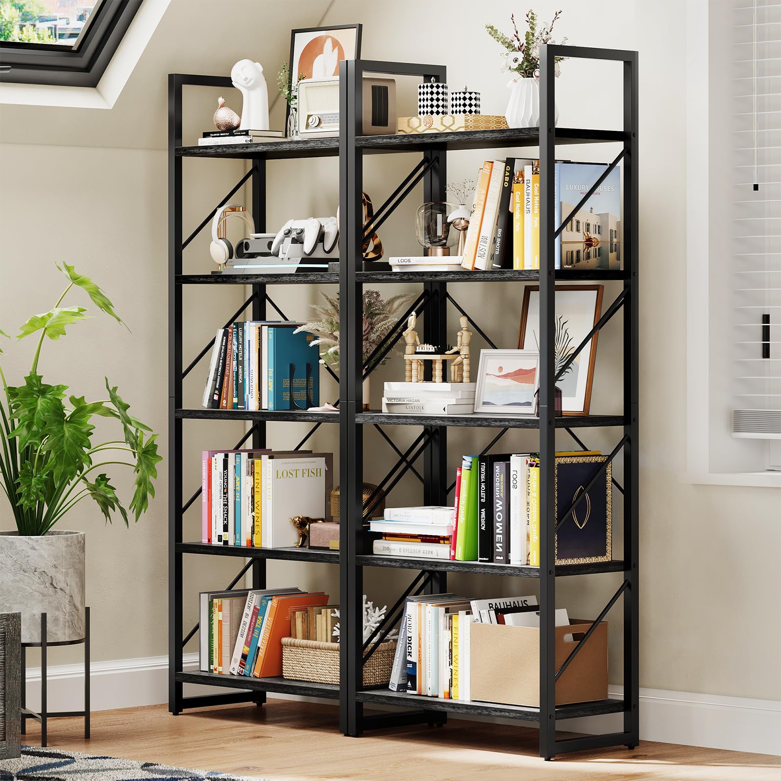 DWVO 5 Tier Bookshelf, Industrial Bookshelves Open Shelf Bookcase, Storage Shelves Organizer Display Rack for Bedroom,Living Room,Office,Kitchen, Charcoal Gray