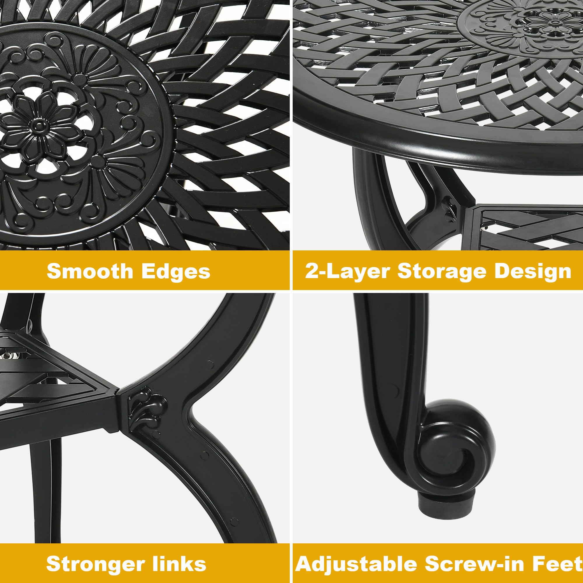 WILOUNGE Cast Aluminum Outdoor Side Table,Outdoor Coffee Table,Small Outdoor Table,Outdoor Side Tables for Patio,Garden,Balcony, for All Weather (Black, Round)