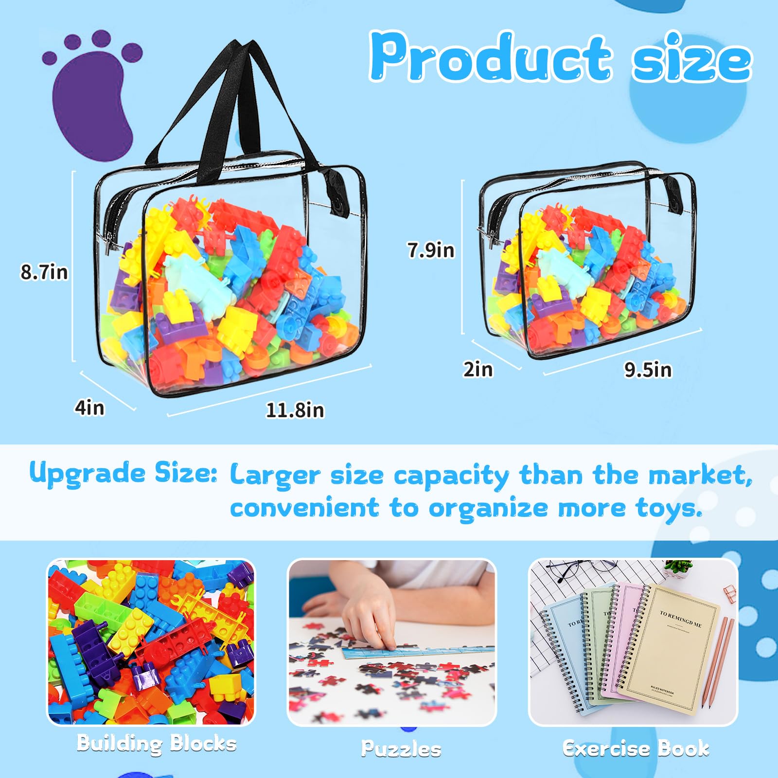 9 Packs Clear PVC Toy Storage Bags Include 6 Pcs Large and 3 Pcs Medium Toy Organizer Bags with Labels, Portable Handheld Zipper Bags for Organizing Board Game, Building Blocks, Puzzle, Kids Books