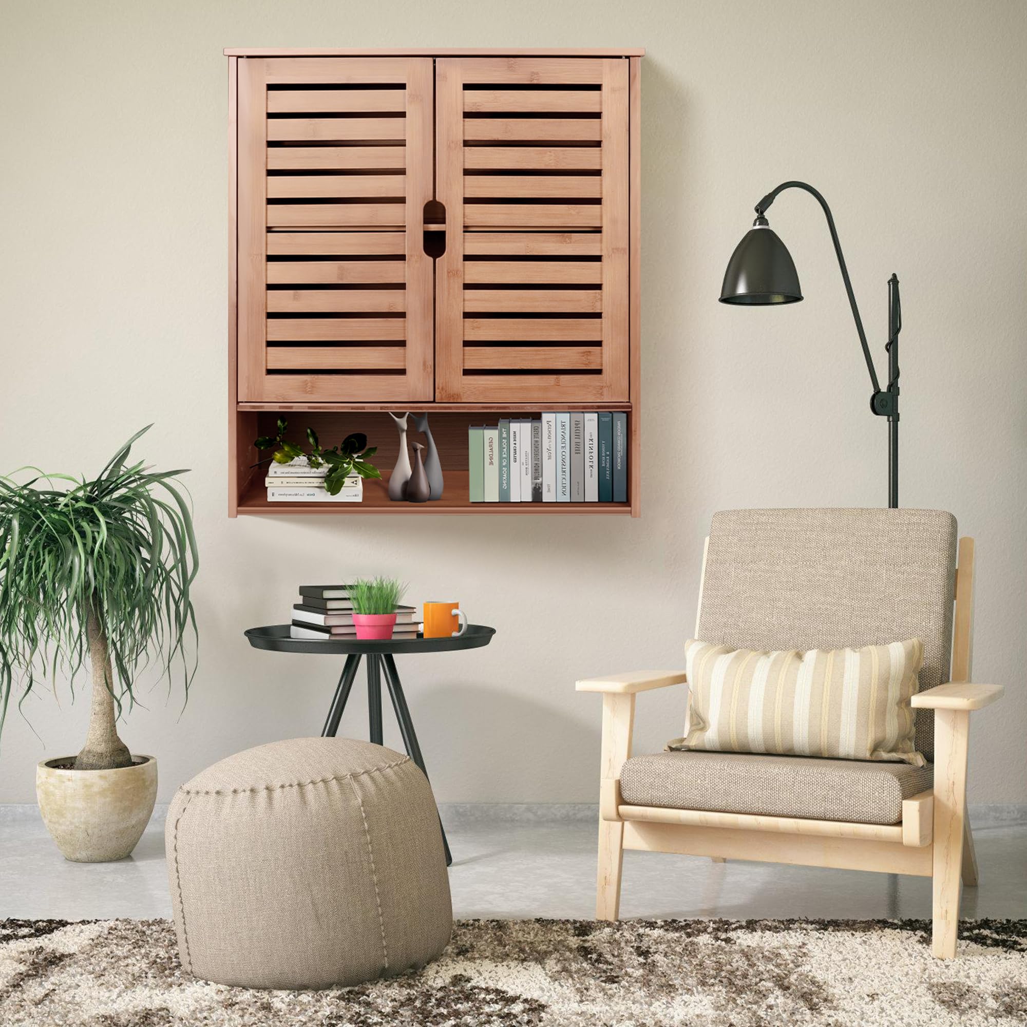 HYNAWIN Bamboo Wall Cabinet, Over Toilet Bathroom Furniture, Wall Mounted Storage Medicine Cabinet with Two Doors & Adjustable Shelves, for Bathroom, Kitchen, Living Room, Walnut