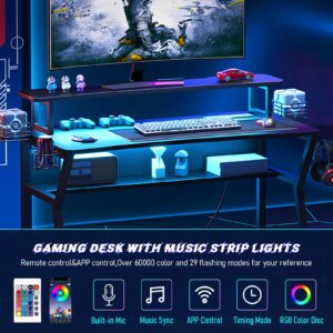 TREETALK Gaming Desk with Power Outlet&Led Lights, Computer Desk with Monitor Stand and Open Shelf,Gamer Table Workstation with Cup Holder, Headphone Hook, 2 Speaker Stand for Home Office