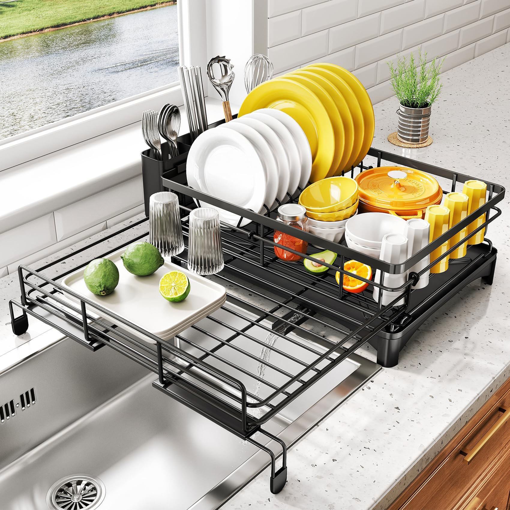 Dish Drying Rack - Extendable Dish Rack, Large Sink Drying Dish Drainer for Kitchen Counter, Stainless Steel Dish Strainer with Utensil Holder (Black)