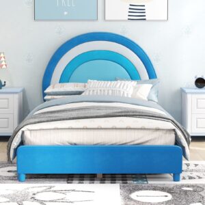 Costzon Twin Bed Frames for Kids, Upholstered Wooden Kids Bed w/Adjustable Headboard, Slats Support, 660 LBS Weight Cap, No Box Spring Needed, Easy Assembly, Twin Platform Bed Frame (Blue Rainbow)