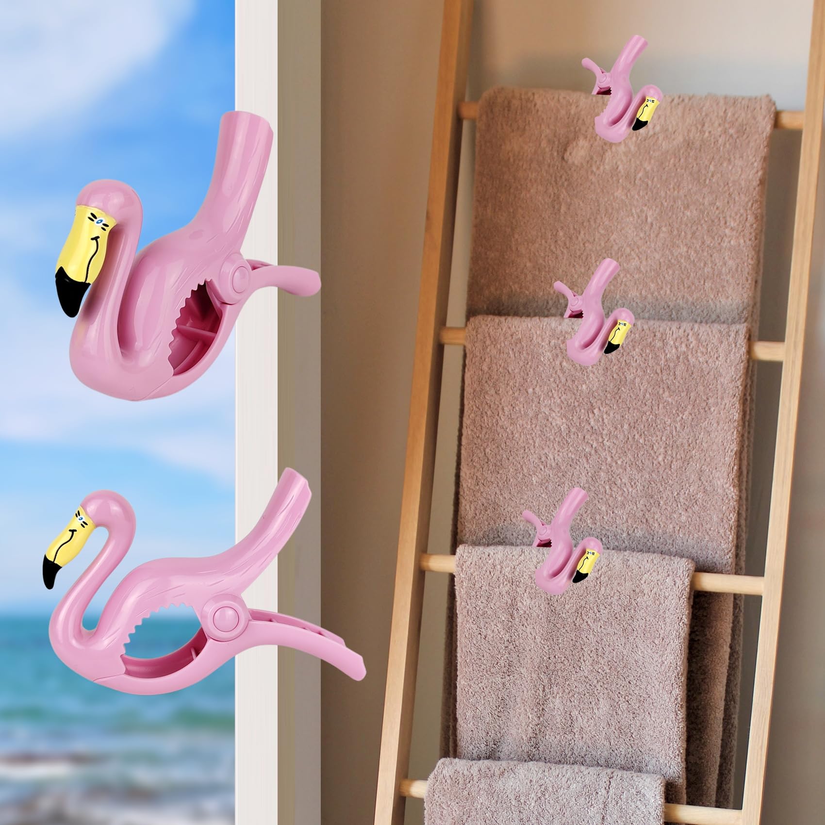 Beach Towel Clips for Chair Secure Clips for Beach Chairs Jumbo Size Plastic Clothes Pegs for Pool Lounger (4Pcs Flamingo and 4Pcs Parrot)