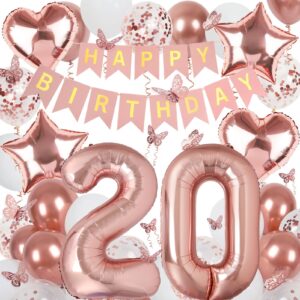 rose gold 20th birthday decorations for girl, 20 year old birthday sign with happy birthday banner, 40in number 20 foil birthday balloons, butterfly decorations, heart and star balloons