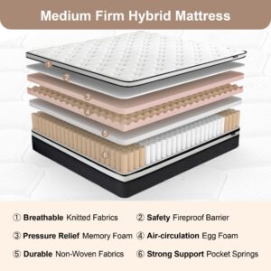 VKJ Queen Size Mattress 10 Inch,Medium Firm,Updrade Hybrid Memory Foam Mattress in a Box,Colchones Queen Size Bed,Individually Pocketed Springs for Support and Pressure Relief