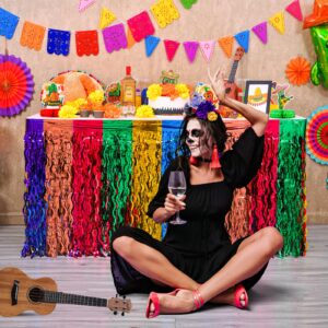 Mega-L Fiesta Party Decorations 2Pack Mexican Wavy Metallic Tinsel Foil Fringe Table Skirt for Dia De Los Muertos Table,Day of The Dead Decorations Perfect for Taco Birthday Party,Cinco de Mayo Decor