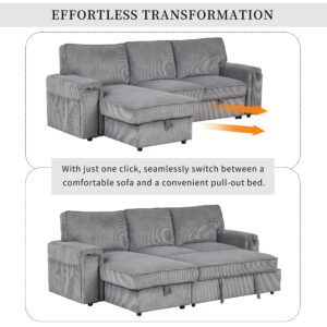 Corduroy Upholstered Convertible Sleeper Sectional Couch Pull Out Sofa Bed ,4 Seater L Shaped Corner Sofa&Couch Sofabed with Reversible Storage Chaise Lounge and Cupholders for Living Room Office