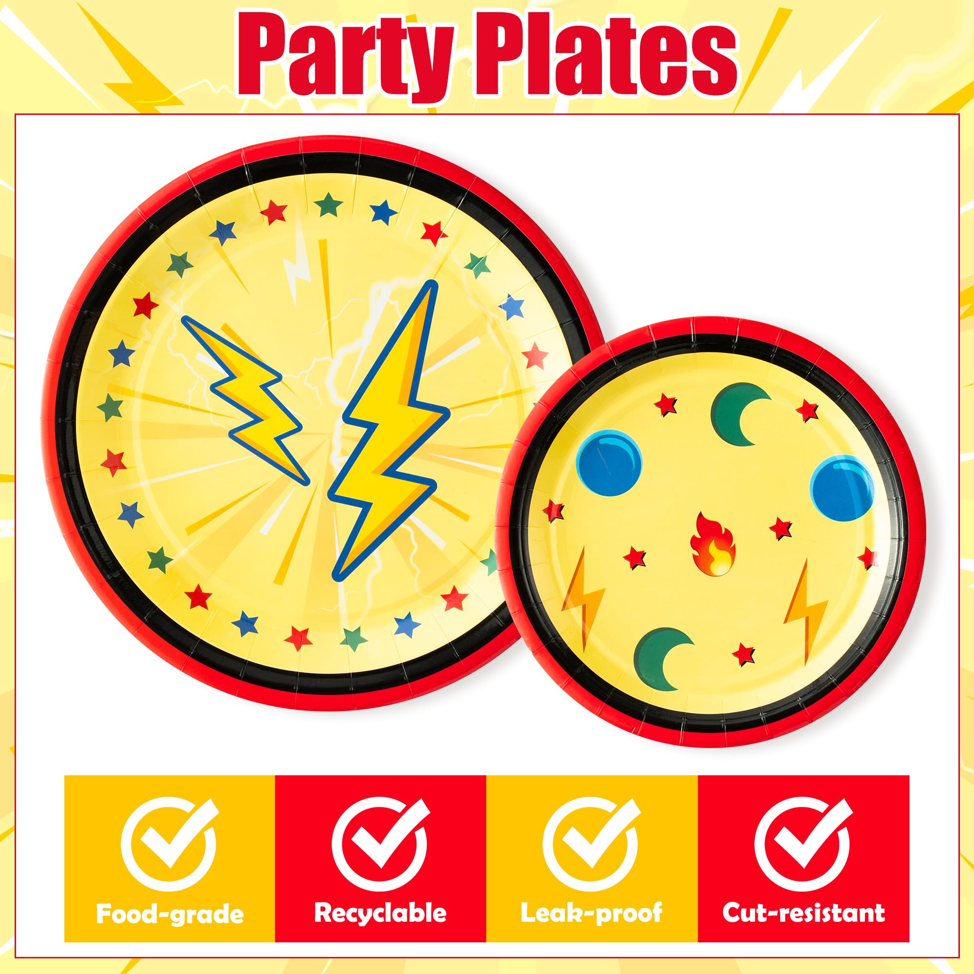 BOpusail 96Pcs Cartoon Lightning Bolts Party Tableware Set Disposable Dinnerware Paper Dinner Plates Dessert Plate Napkins Plastic Forks Party Supplies for Kids Birthday Baby Shower Serves 24 Guests