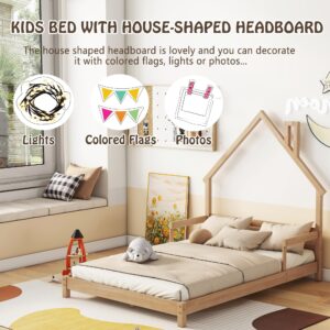 Full Size Bed Frame for Kids,House-Shaped Headboard Kids Bed,Girls Bed with Handrails,Low Platform Bed for Boys Girls,No Box Spring Needed(Natural)