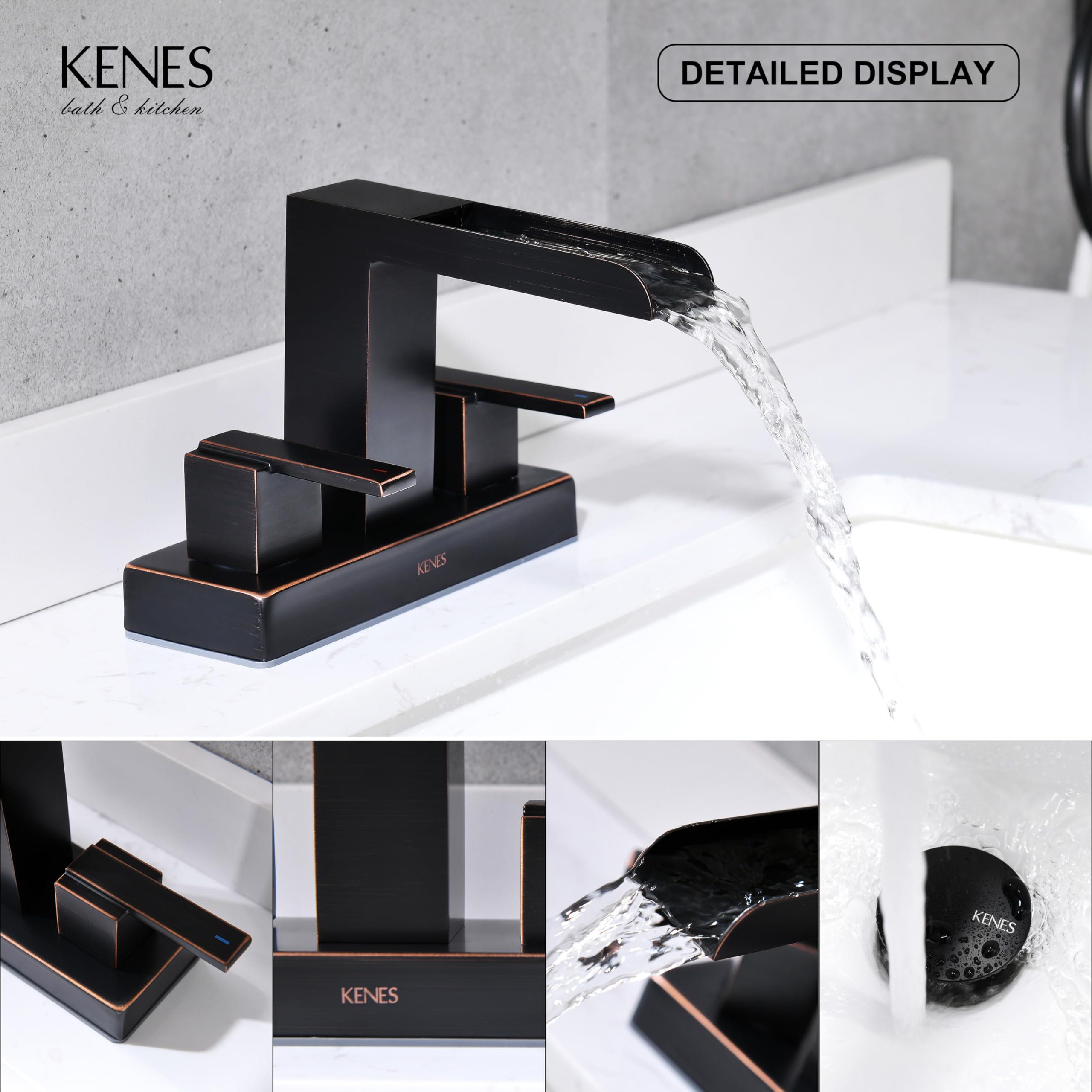 KENES Oil Rubbed Bronze Waterfall Bathroom Faucet, Two Handle Centerset Bathroom Sink Faucet, Vanity Faucet 3 Hole Bathroom Lavatory Faucet with Pop Up Drain & Supply Lines, KE-9053-8-P