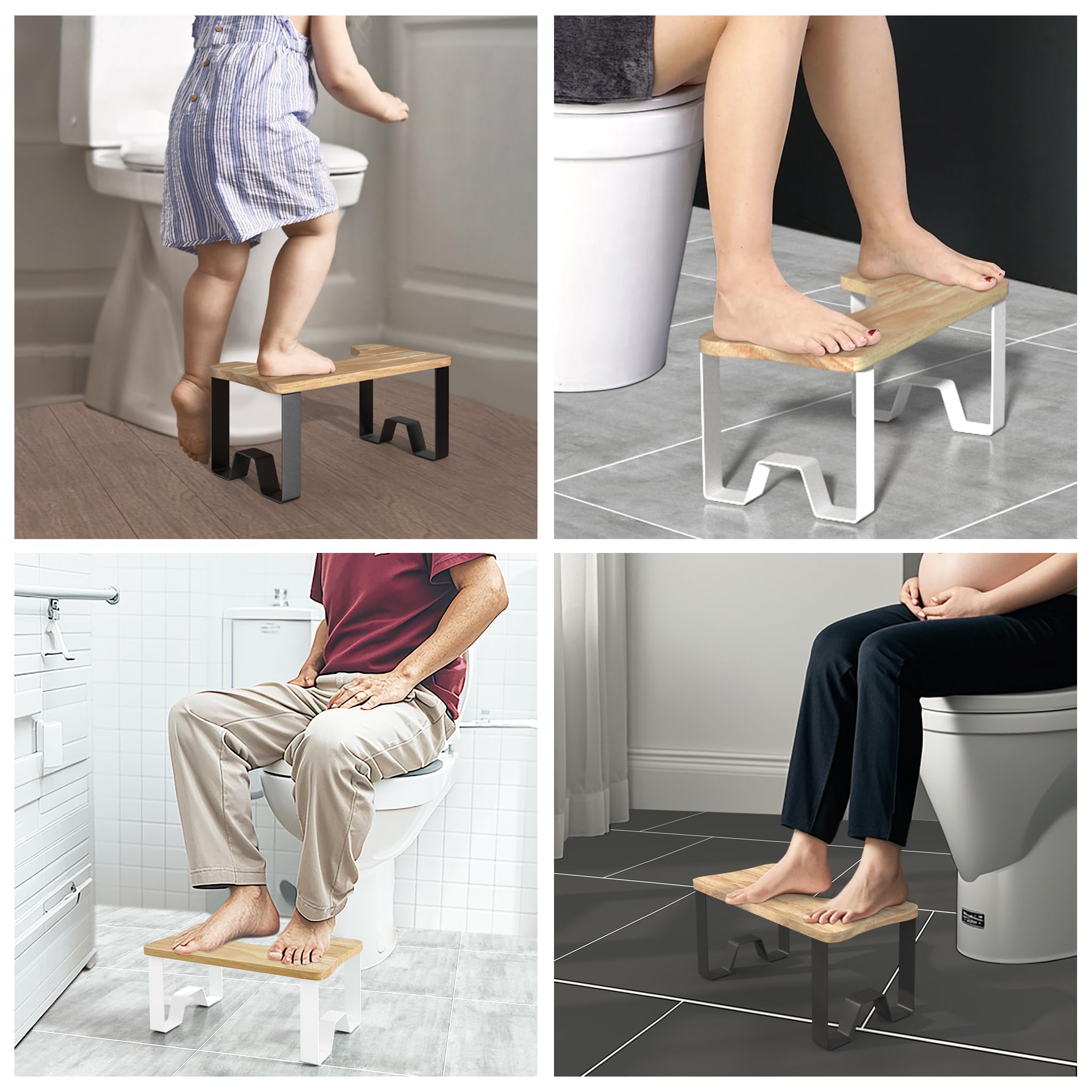 Toilet Stool Squat Adult Poop Stool for Bathroom 7" Potty Stool with Non-Slip Mat for Adults Children Bathroom Stool for Pooping Portable Pooping Stool Metal with Wood Squatting Toilet Stool(Black)