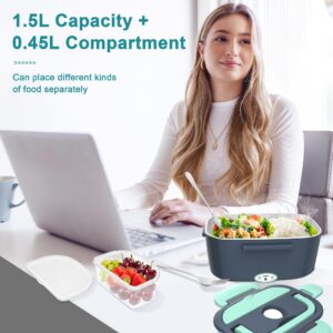 Electric Heated Lunch Boxes Adults: 80W Electric Lunch Box Food Heated 12/24/110V 1.5L Heatable Lunch Box for Car/Truck/Office Leak-Proof Stainless Steel Container, Fork & Spoon, Bag (Grey+Green)