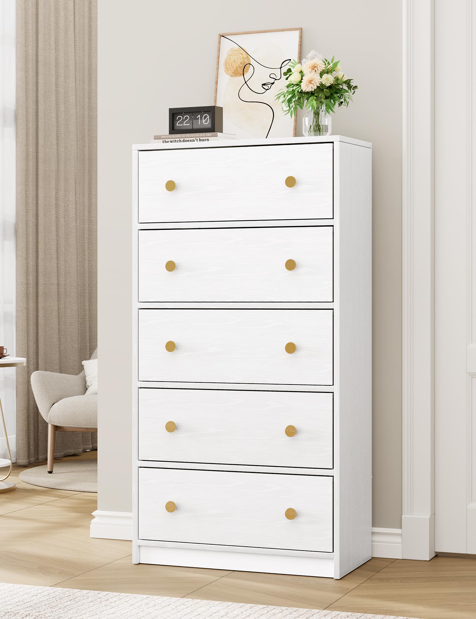 Nicehill White Dresser for Bedroom with 5 Drawers, Fabric Dresser Storage Tower, Chest of Drawers for Closet, Living Room, Hallway, Entryway, Woodeen Dresser（White）