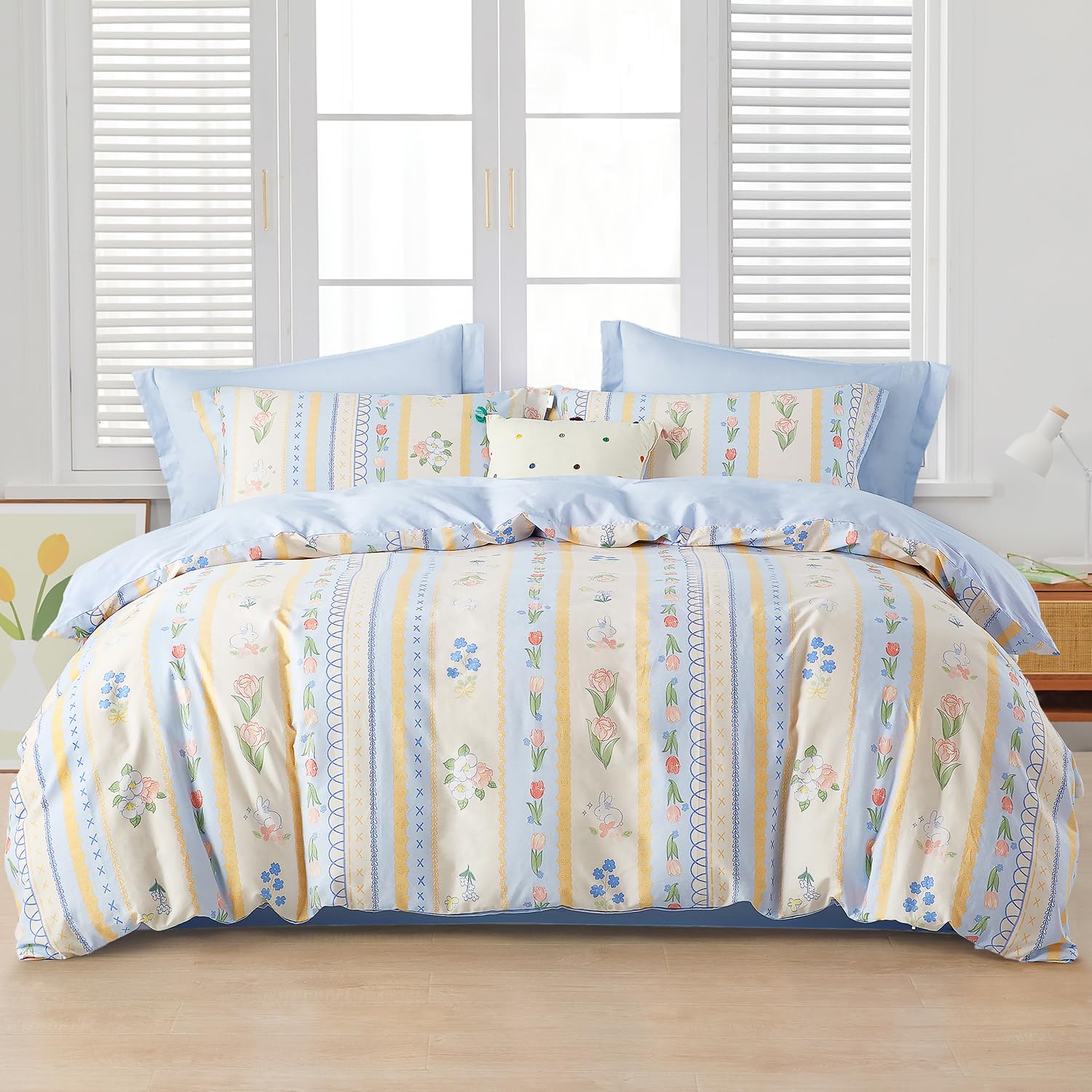 SAPHREAS Colorful Floral and Rabbit Printed Duvet Cover 100% Cotton Bedding Set 3pcs Blue White Comforter Cover with Zipper Closure 1 Full Quilt Cover 2 Pillowshams (no Comforter)