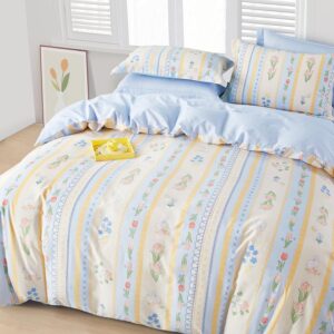 SAPHREAS Colorful Floral and Rabbit Printed Duvet Cover 100% Cotton Bedding Set 3pcs Blue White Comforter Cover with Zipper Closure 1 Full Quilt Cover 2 Pillowshams (no Comforter)