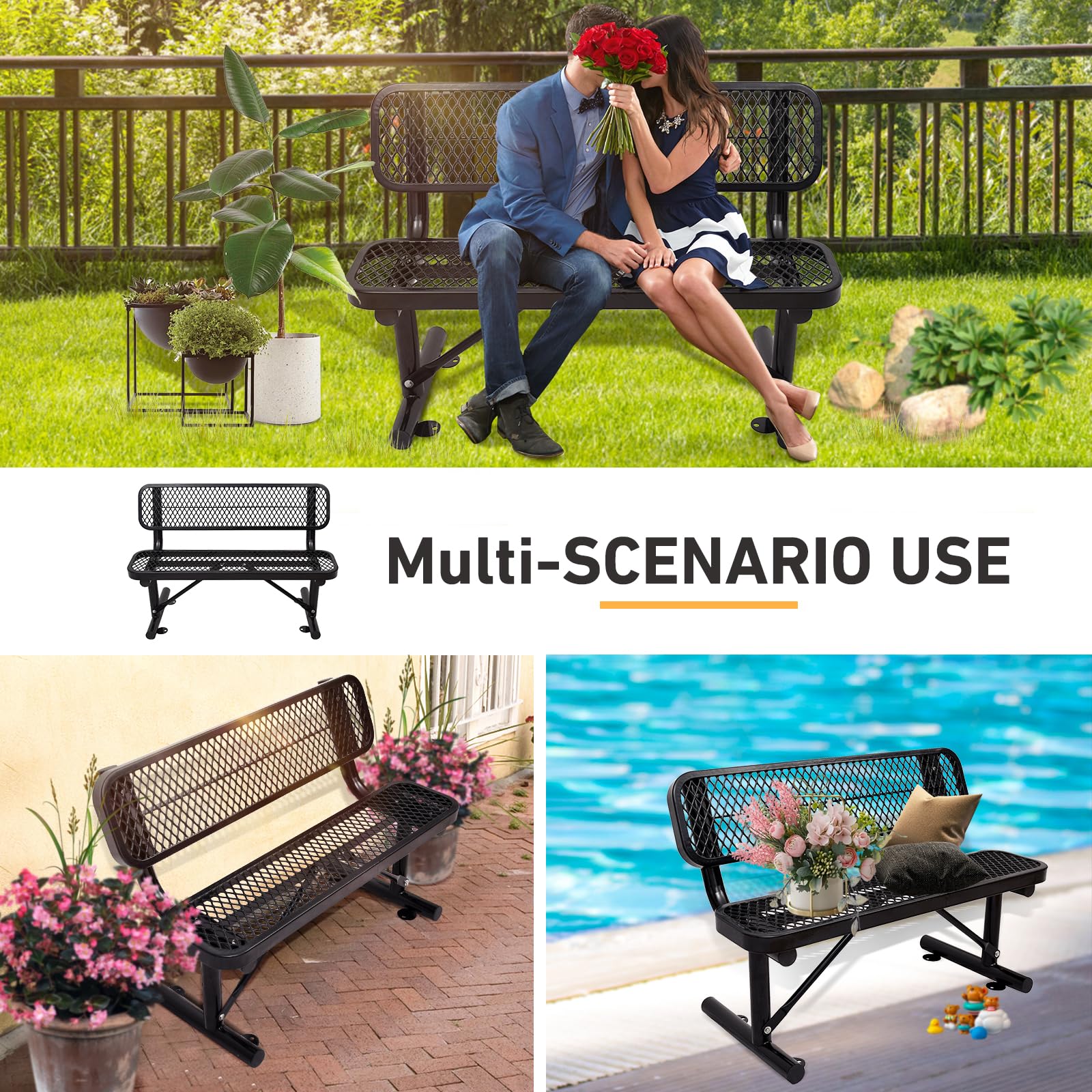 4 Feet Heavy Duty Park Bench with Back Portable Frame, Outdoor Steel Bench with Backrest, Expanded Metal Mesh Bench for Lawn, Park, Deck, Garden, Patio, Porch, Black