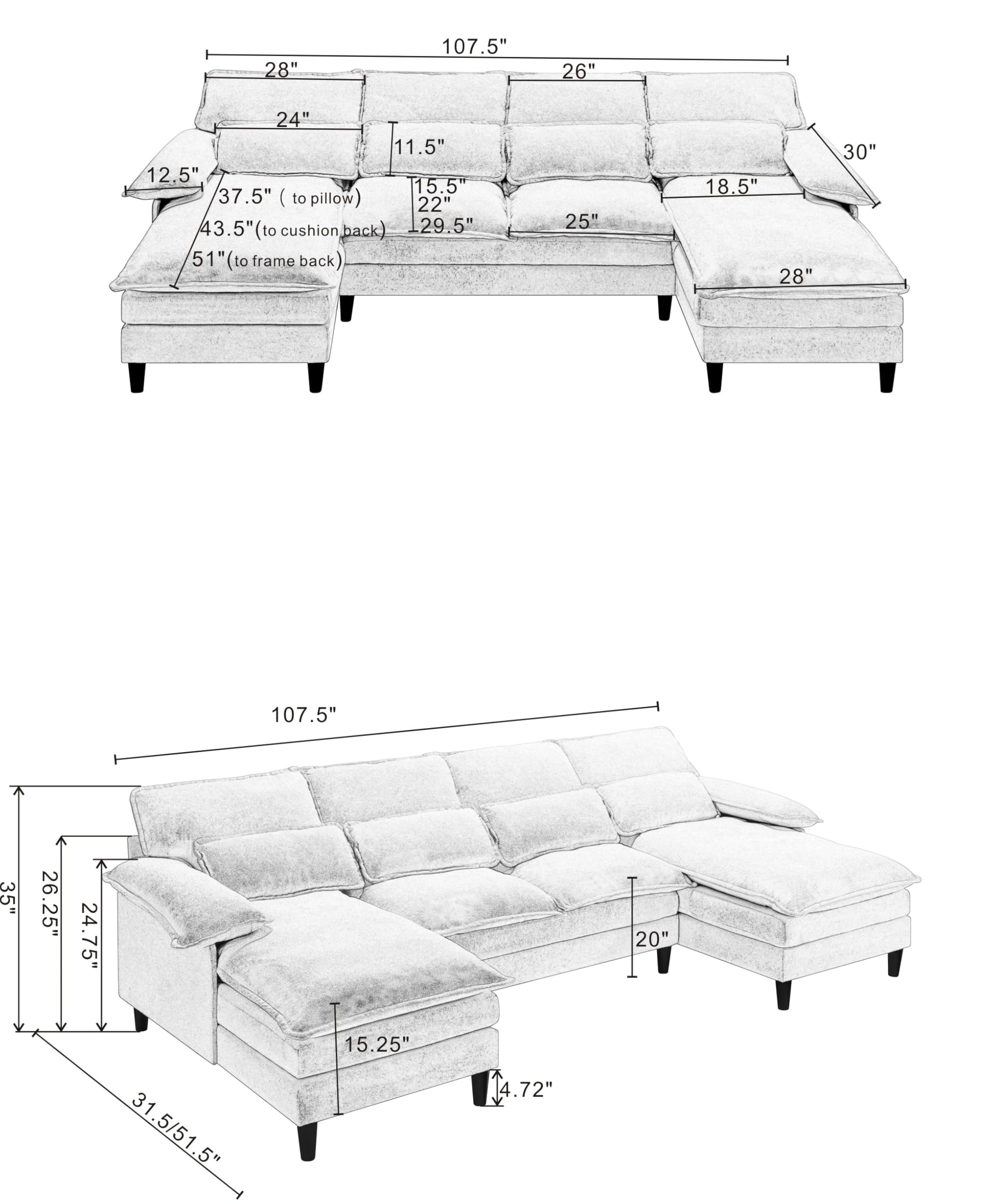 Symmetrical U Shaped Modular Sectional Sofa Cloud Couch, 6 Seater Oversized Convertible Sleeper Couch with Double Chaise & Memory Foam, Deep Seat Corner Sofa&Couches for Living Room Office