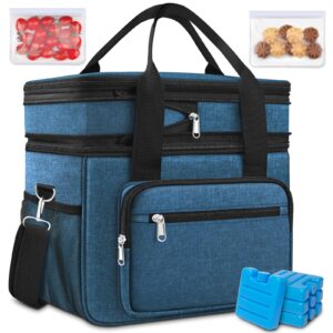 23l extra large expandable insulated cooler lunch box for men double deck leakproof heavy duty lunch bag with 4 ice packs&2 snack bags for adult/construction/women/work/picnic/camping - blue