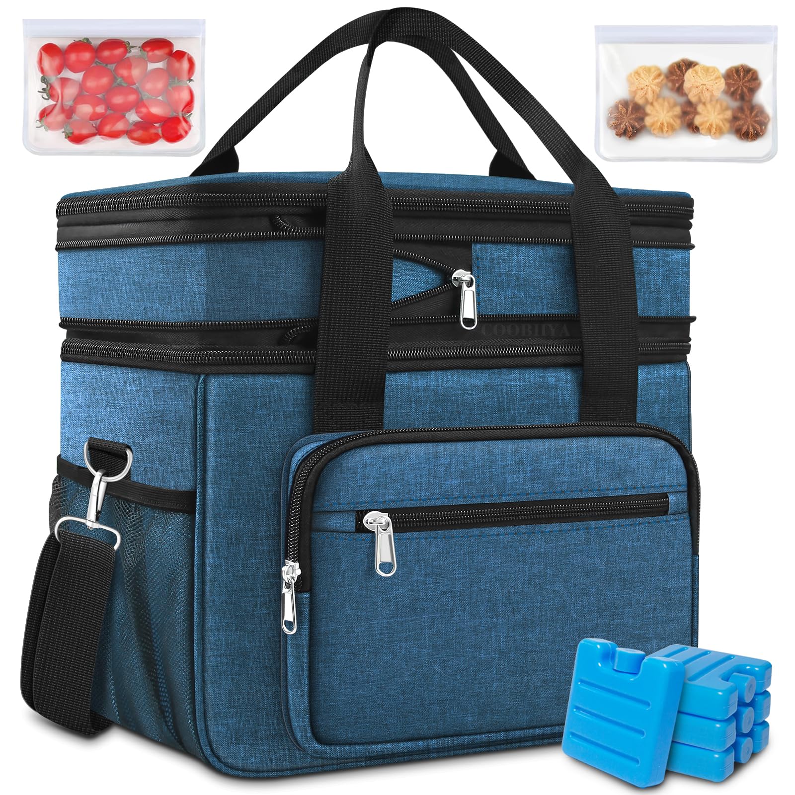 23L Extra Large Expandable Insulated Cooler Lunch Box for Men Double Deck Leakproof Heavy Duty Lunch Bag with 4 Ice packs&2 Snack Bags for Adult/Construction/Women/Work/Picnic/Camping - Blue