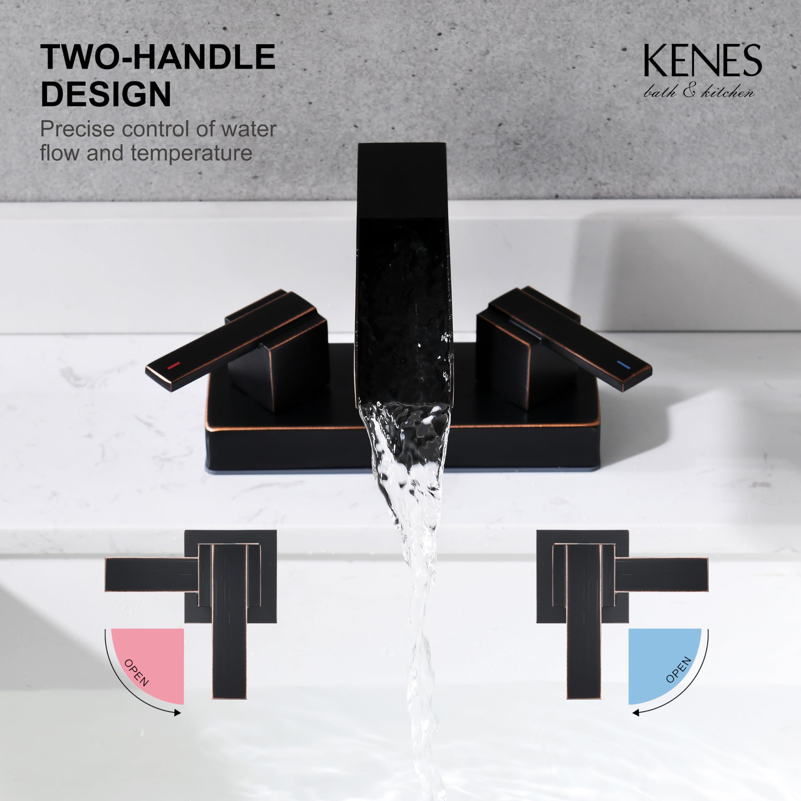 KENES Oil Rubbed Bronze Waterfall Bathroom Faucet, Two Handle Centerset Bathroom Sink Faucet, Vanity Faucet 3 Hole Bathroom Lavatory Faucet with Pop Up Drain & Supply Lines, KE-9053-8-P