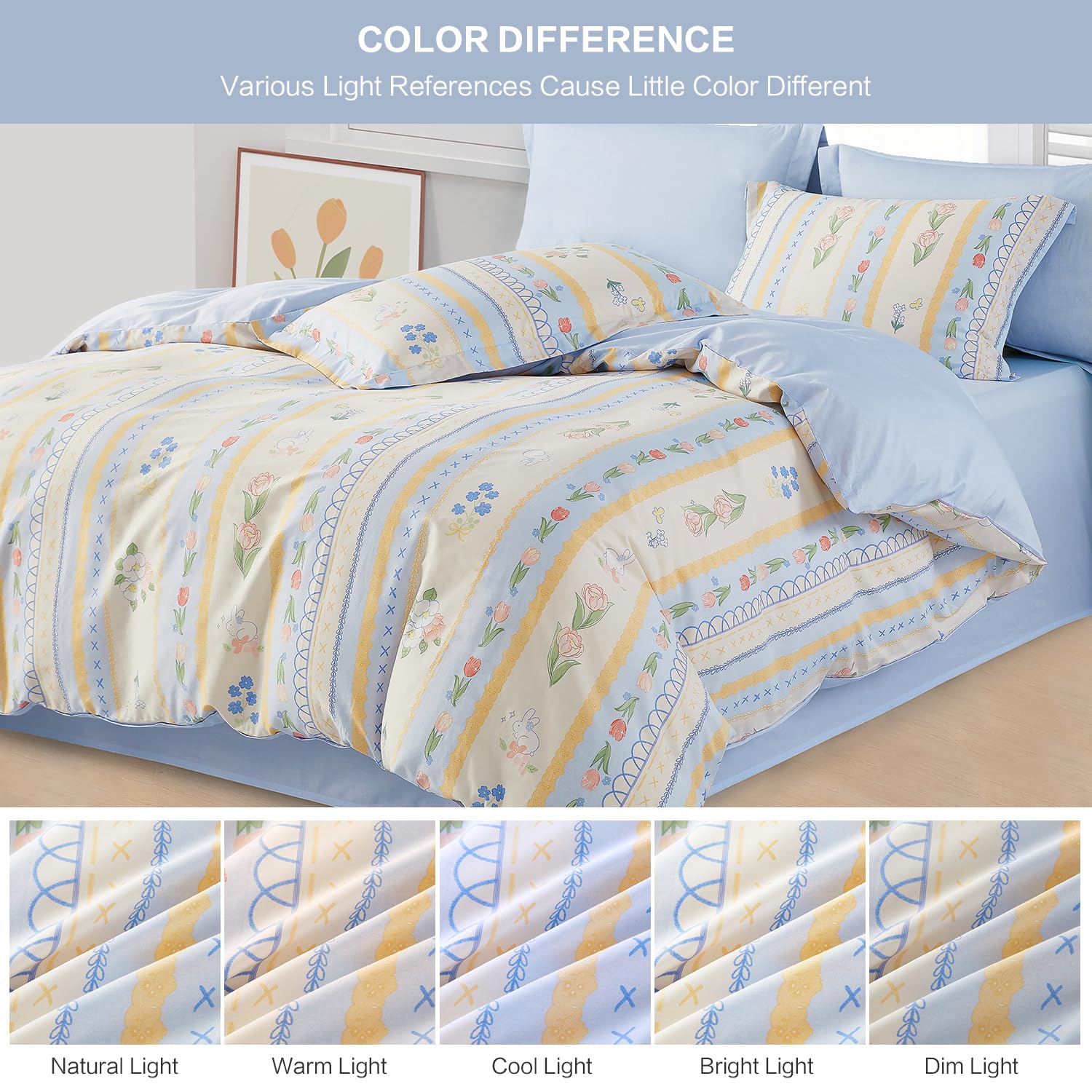 SAPHREAS Colorful Floral and Rabbit Printed Duvet Cover 100% Cotton Bedding Set 3pcs Blue White Comforter Cover with Zipper Closure 1 Full Quilt Cover 2 Pillowshams (no Comforter)