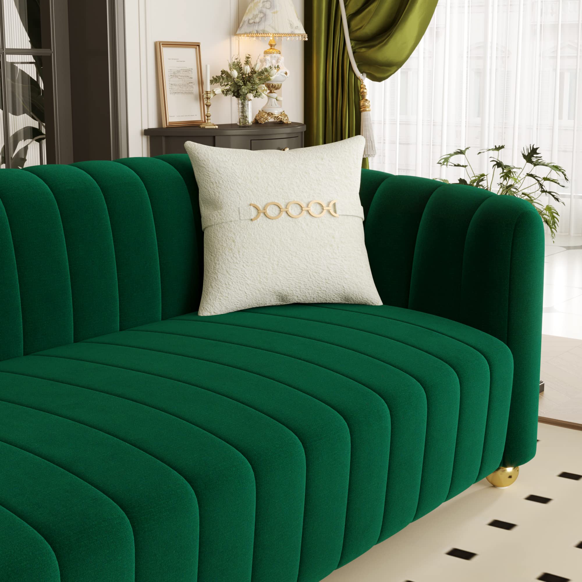 IQIAite Luxury Velvet Sofa Comfy 3 Seat Couch Loveseat Sofa,Mid Century Modern Tufted Couch for Living Room 83" Emerald Green Love Seat Sofa with Gold Legs 2 Pillows for Office Furniture