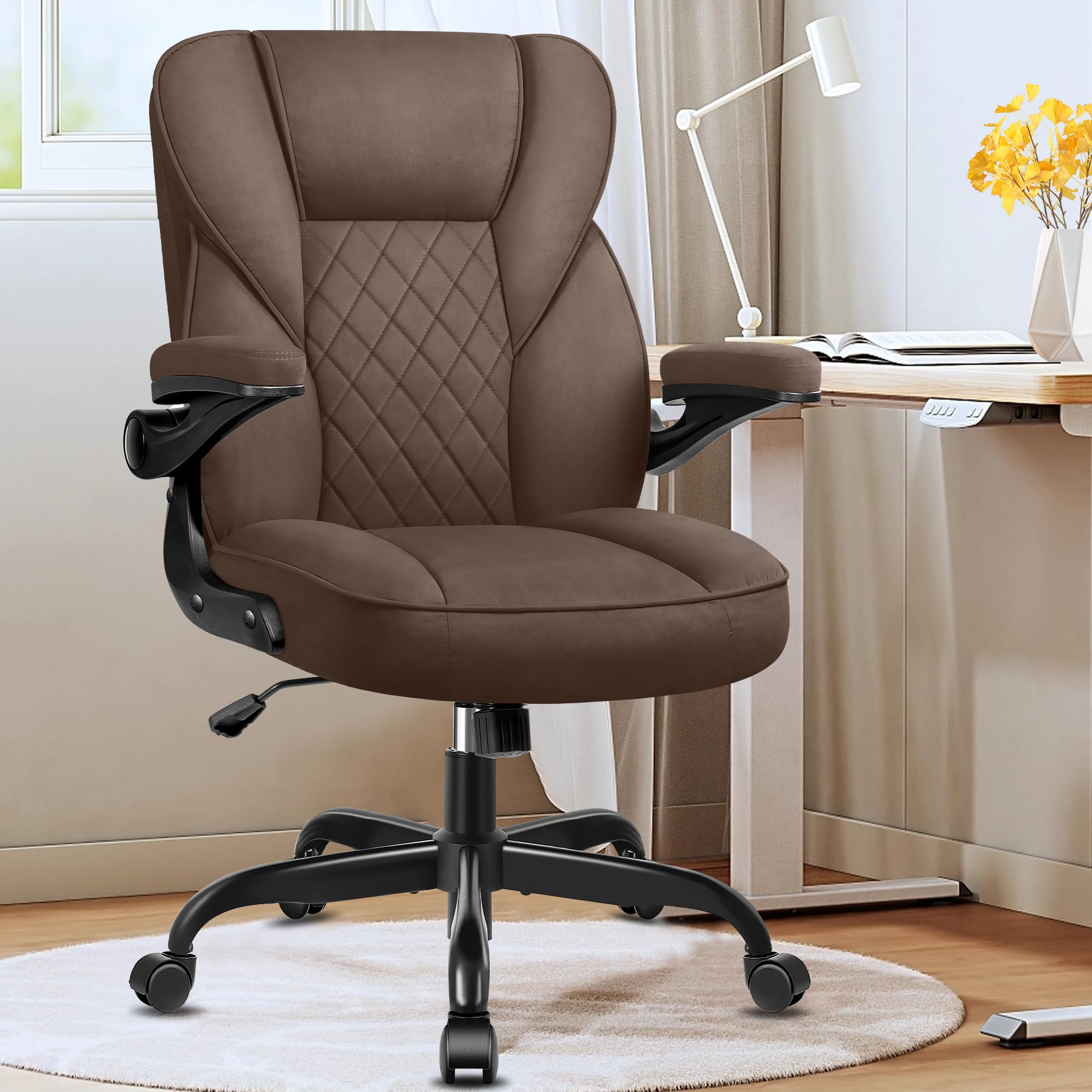 Brick Attic Office Chair - Executive Office Chair with Wheels, Ergonomic Home Office Desk Chairs, Comfortable Suede Leather Office Chair with Flip Up Armrests, Swivel Rolling Computer Desk Chair Brown