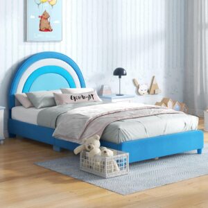 costzon twin bed frames for kids, upholstered wooden kids bed w/adjustable headboard, slats support, 660 lbs weight cap, no box spring needed, easy assembly, twin platform bed frame (blue rainbow)