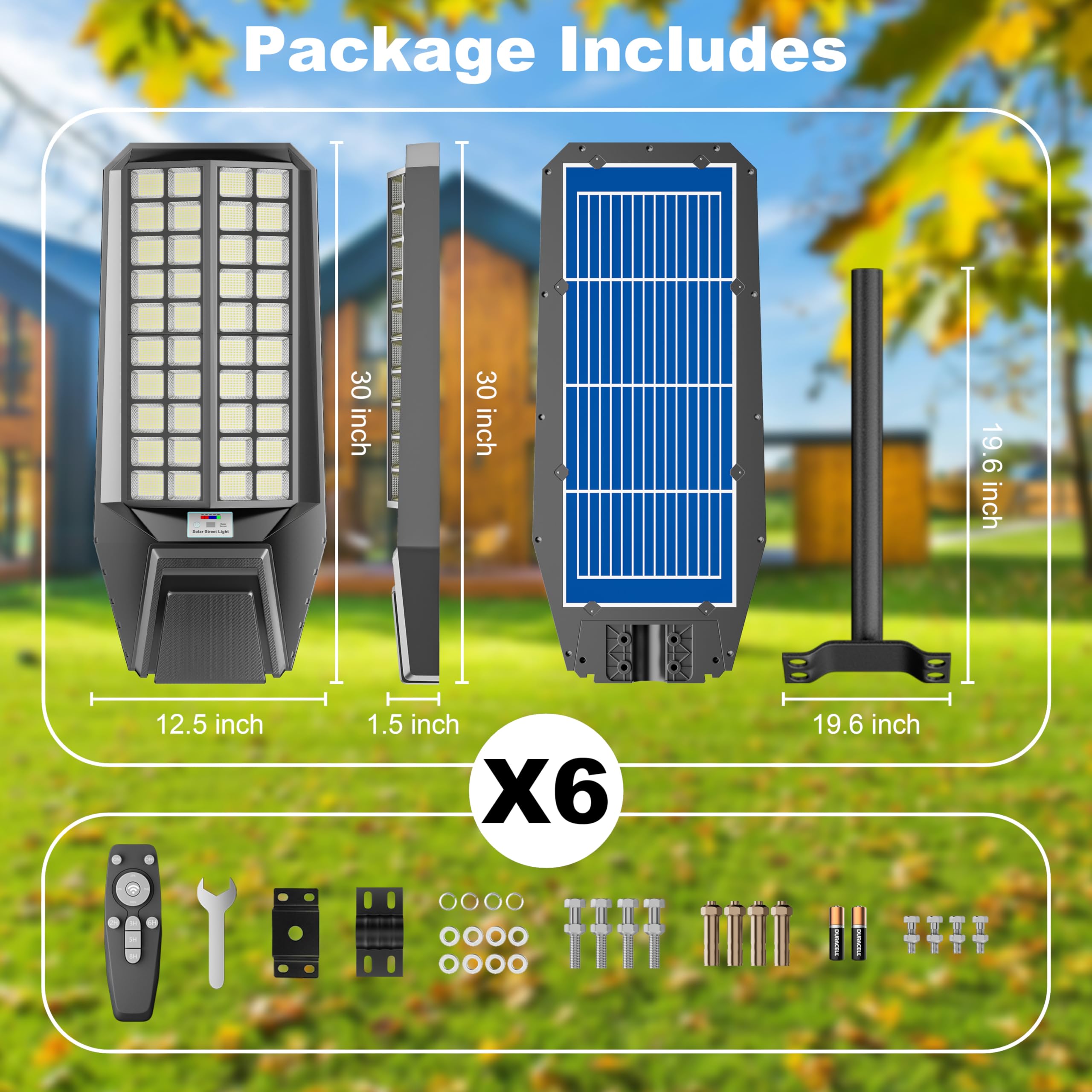 Jadisi 6-Pack 24000W Solar Street Light - 1800000 Lumens, Dusk-to-Dawn, Waterproof, Ideal for Commercial & Outdoor Parking Lots - Energy-Efficient Solar-Powered, 3-Year Warranty