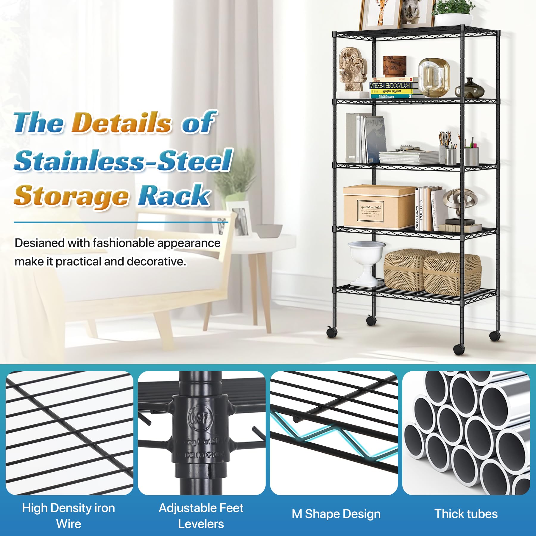 WYGMAV 5-Tier Wire Shelving Unit Adjustable Metal Storage Shelving Commercial Storage Shelves with Wheels Heavy-Duty Metal Storage Rack for Pantry, Restaurant, Garage, Kitchen, Black