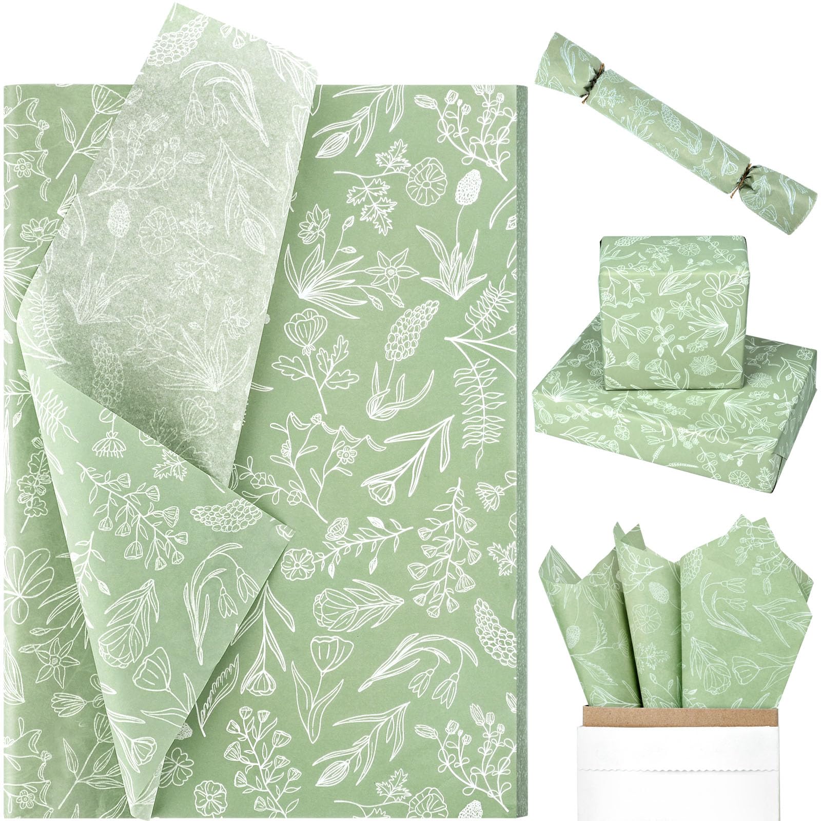 100 Sheets Sage Green Wildflowers Tissue Paper Green White Floral Printed Tissue Paper Botanical Decorative Tissue Paper for Green Boho Themed Baby Shower Wedding Birthday DIY Craft