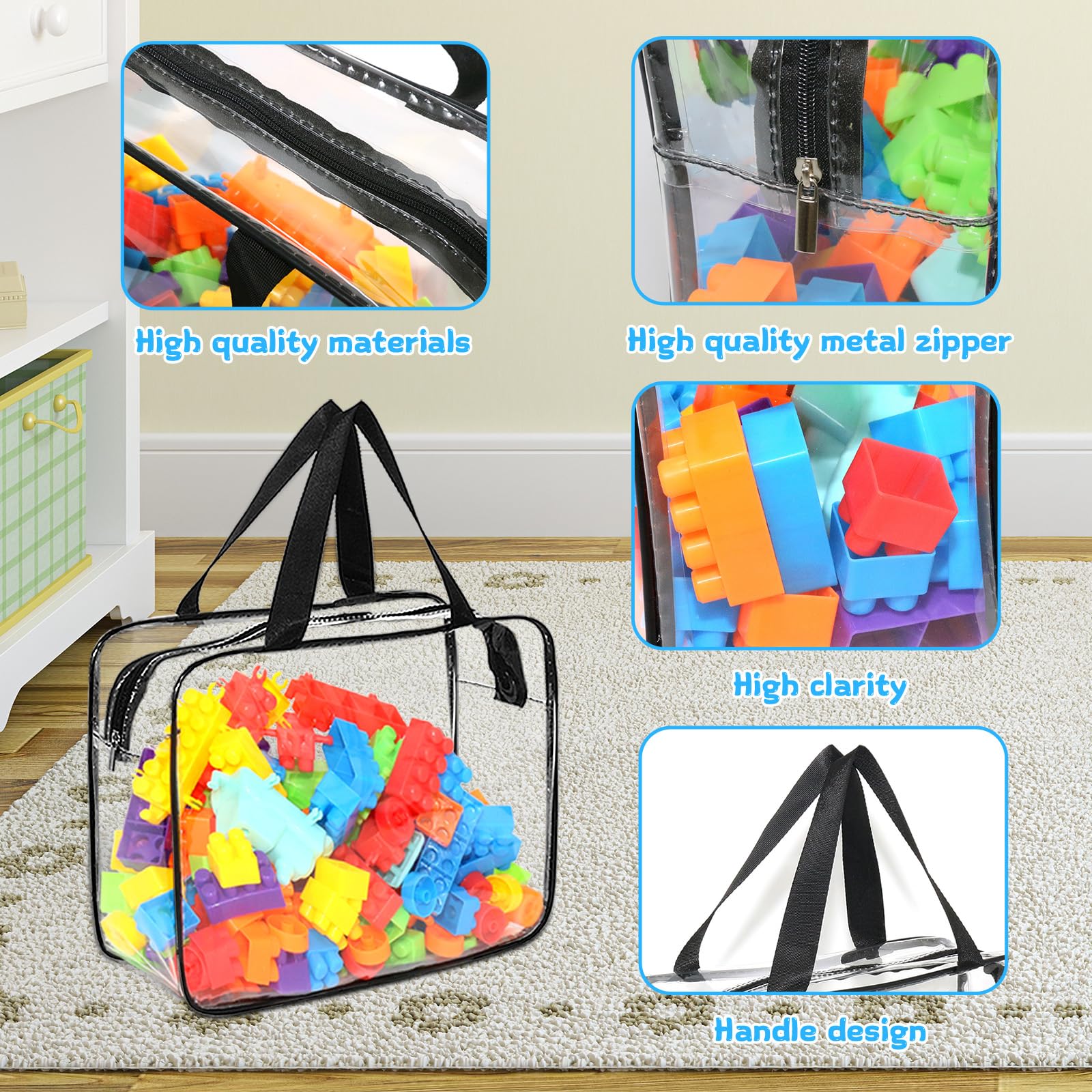 9 Packs Clear PVC Toy Storage Bags Include 6 Pcs Large and 3 Pcs Medium Toy Organizer Bags with Labels, Portable Handheld Zipper Bags for Organizing Board Game, Building Blocks, Puzzle, Kids Books