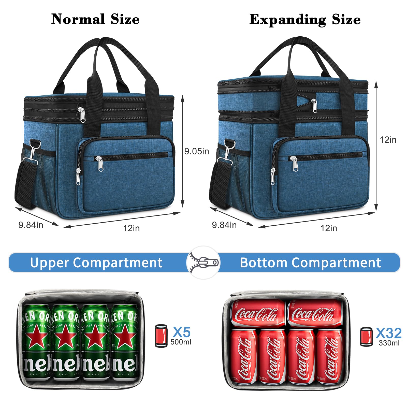 23L Extra Large Expandable Insulated Cooler Lunch Box for Men Double Deck Leakproof Heavy Duty Lunch Bag with 4 Ice packs&2 Snack Bags for Adult/Construction/Women/Work/Picnic/Camping - Blue