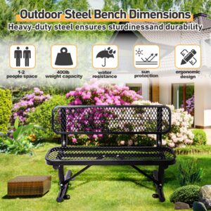 4 Feet Heavy Duty Park Bench with Back Portable Frame, Outdoor Steel Bench with Backrest, Expanded Metal Mesh Bench for Lawn, Park, Deck, Garden, Patio, Porch, Black