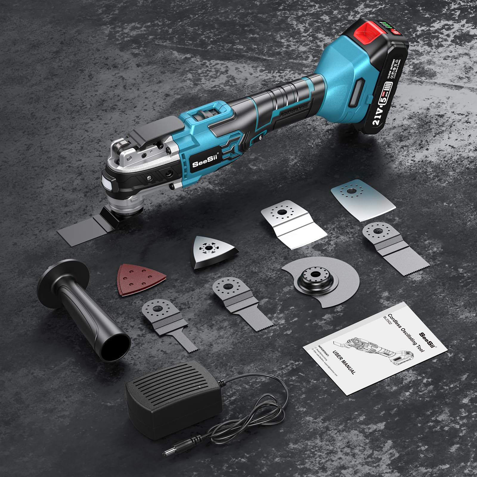 Seesii 21V Cordless Oscillating Tool, Brushless Oscillating Saw with 6 Variable Speeds, 3° Oscillation Angle, Quick-Change Multi-Tool, 24PCS Accessories, 2.0Ah Battery for Cutting, Sanding, Scraping