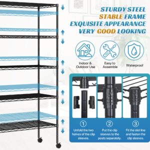 WYGMAV 5-Tier Wire Shelving Unit Adjustable Metal Storage Shelving Commercial Storage Shelves with Wheels Heavy-Duty Metal Storage Rack for Pantry, Restaurant, Garage, Kitchen, Black