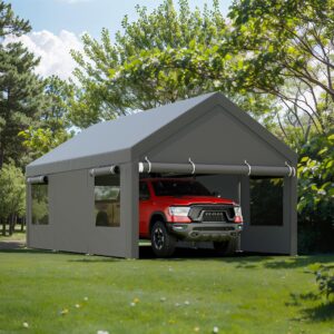 JY QAQA Carport 12x20 FT Heavy Duty Carport Reinforced Steel Poles with Removable Sidewalls & Doors for Pickup, Boat,Car,Grey