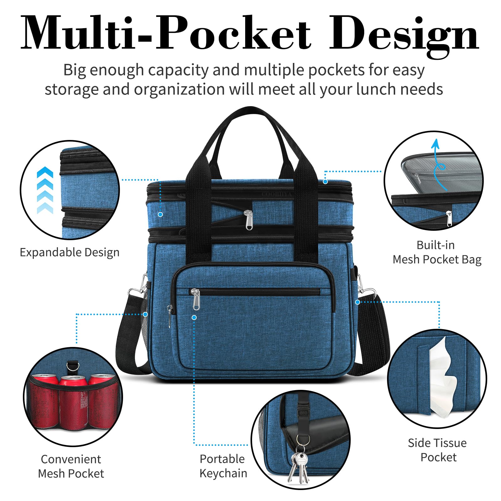 23L Extra Large Expandable Insulated Cooler Lunch Box for Men Double Deck Leakproof Heavy Duty Lunch Bag with 4 Ice packs&2 Snack Bags for Adult/Construction/Women/Work/Picnic/Camping - Blue