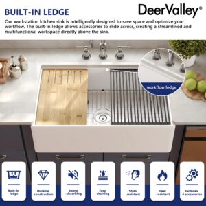 DeerValley 33" White Farmhouse Sink for Kicthen, Fireclay Kitchen Sink - Deep Single Bowl Apron Front Sink with Workstation Accessories